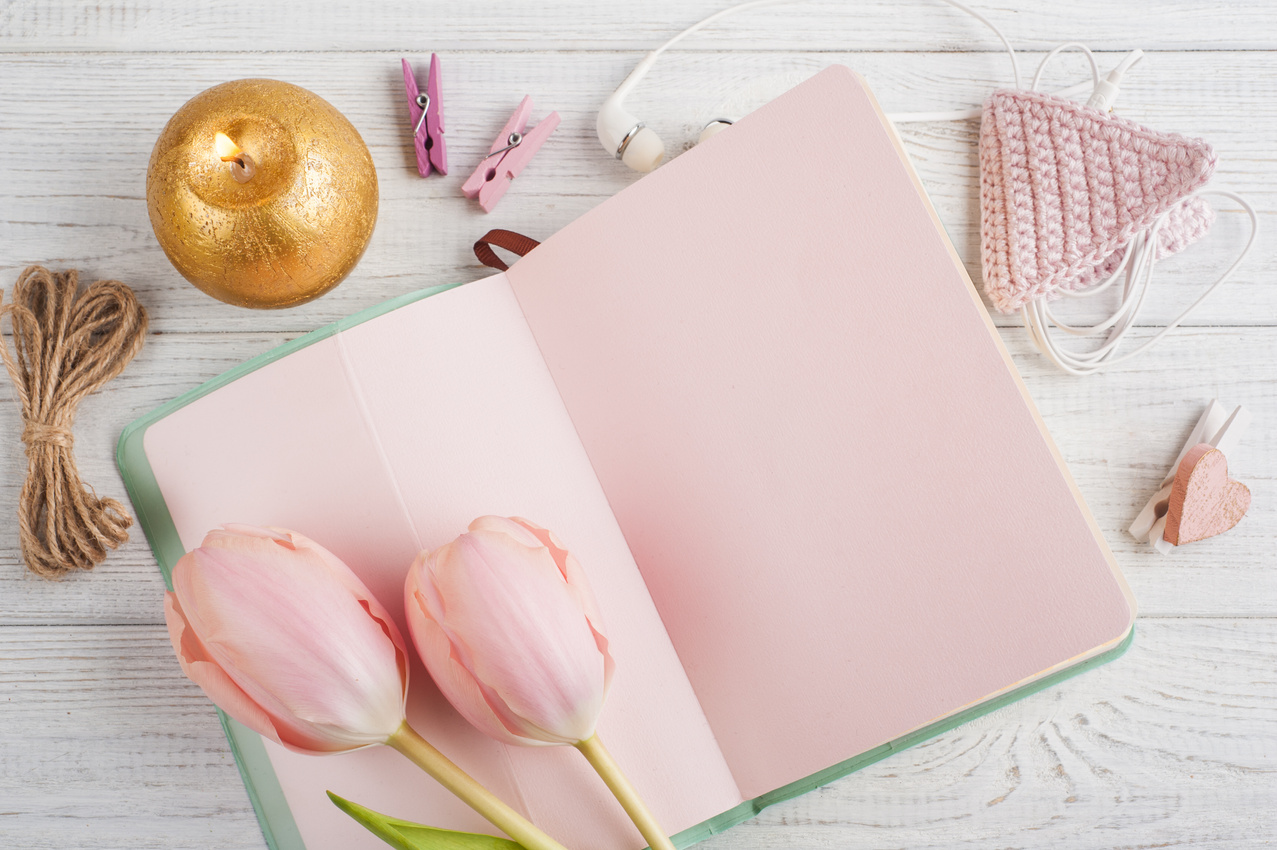 Pink Notebooks and Tulips with Accessories 